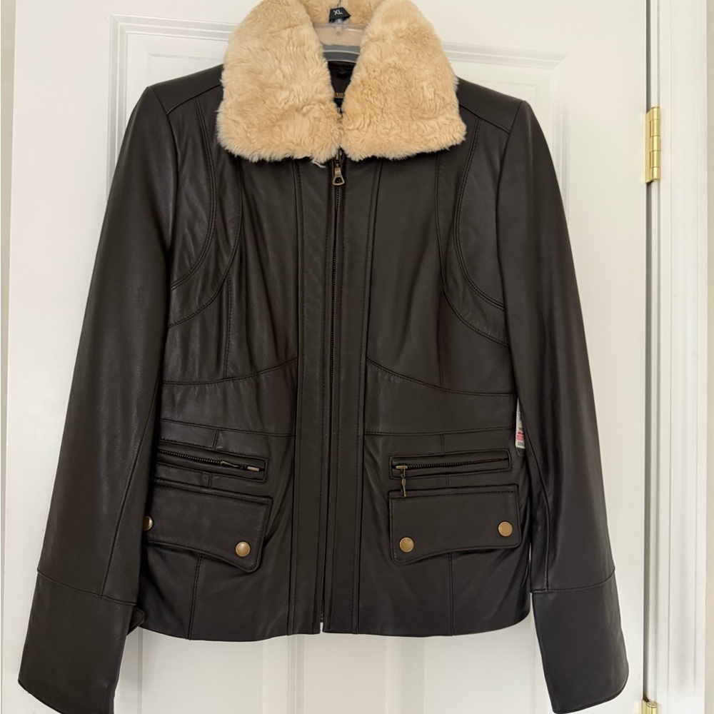 a.n.a Dark Brown Leather Jacket with Tan Faux Fur Collar